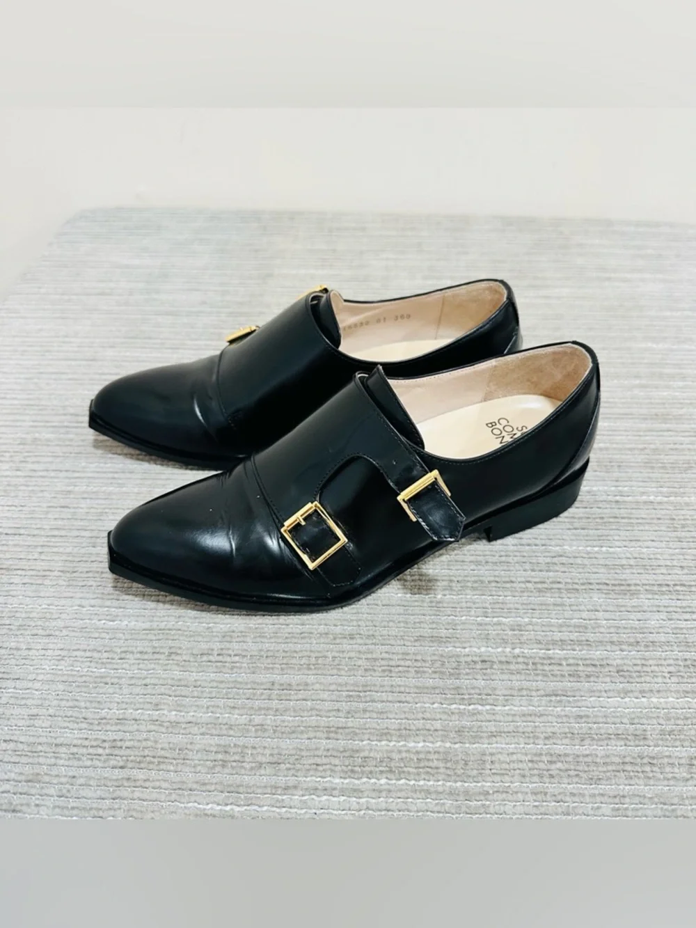 Suecomma Bonnie Black‎ Leather Double Monk Strap Flats Shoes - Size 6